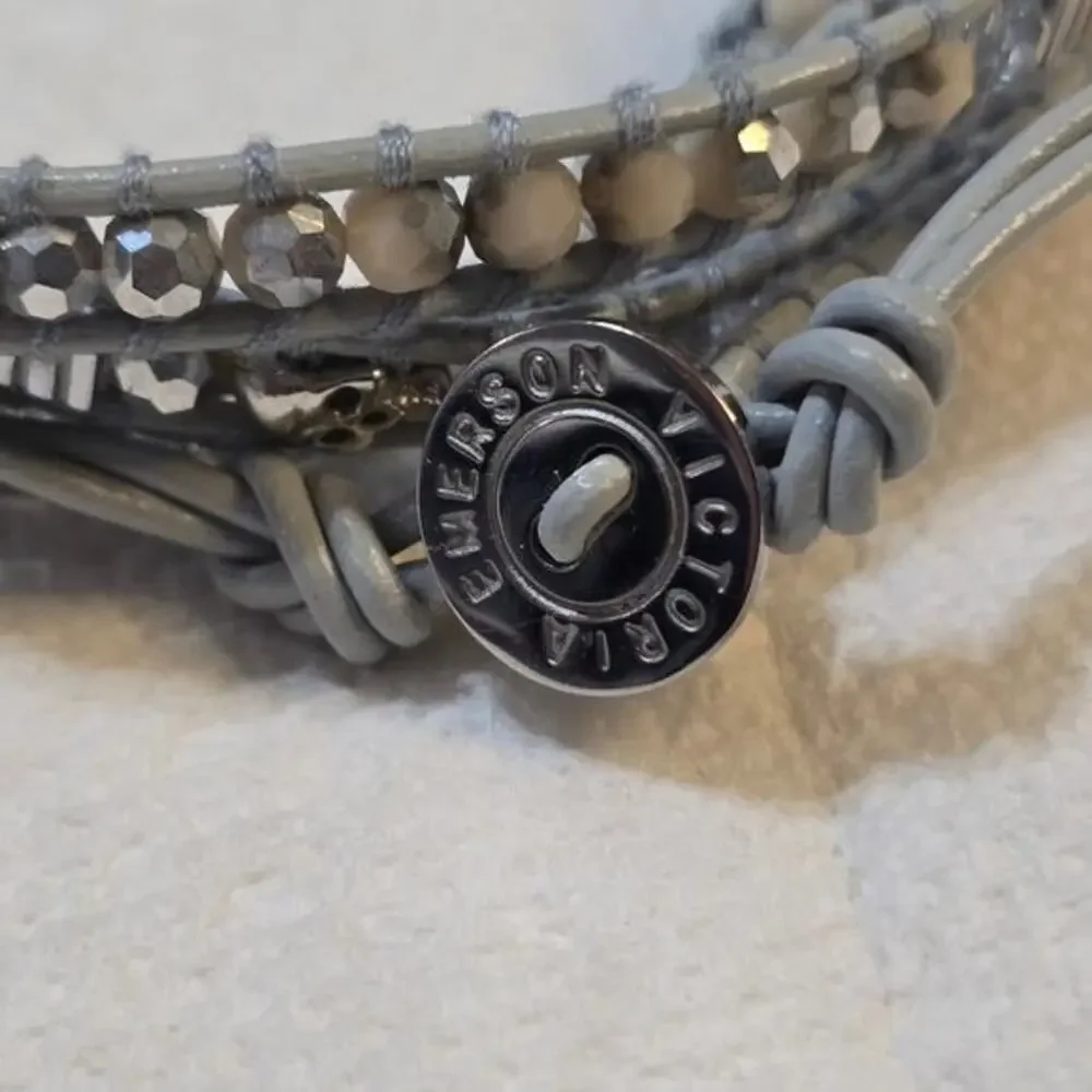 Victoria Emerson Gray Leather Multi Wrap Beaded Bracelet with Skull Charms Boho‎